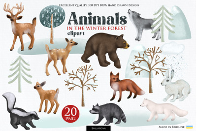 Animals in the winter forest clipart