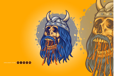 Viking skull head horned helmet illustrations