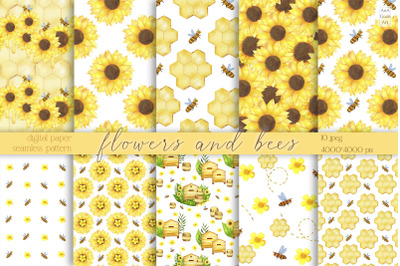 Seamless Pattern Bees and sunflowers
