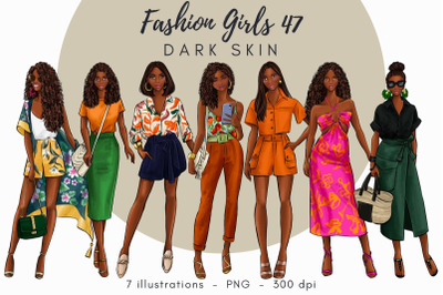 Fashion Girls 47 - Dark Skin Watercolor Fashion Clipart