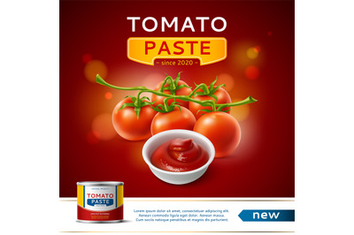 Tomato product poster. Realistic tin can with vegetable paste, preserv