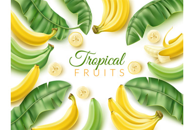 Realistic banana frame. Tropical fruit poster with pieces and green pa