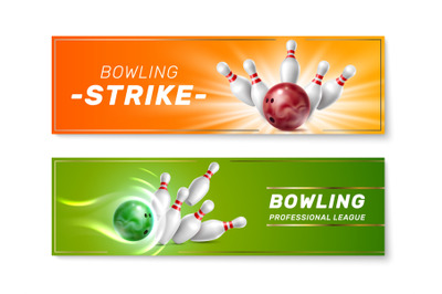 Bowling banners. Realistic game elements, professional playing accesso