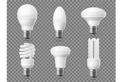 Realistic led light bulb. Modern energy saving lamps, 3d fluorescent o