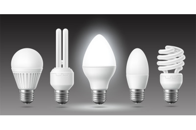 Realistic led lamps. Modern eco electricity elements, energy savings b