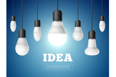 Idea light bulb. Realistic modern interior lamps, brainstorm and sudde