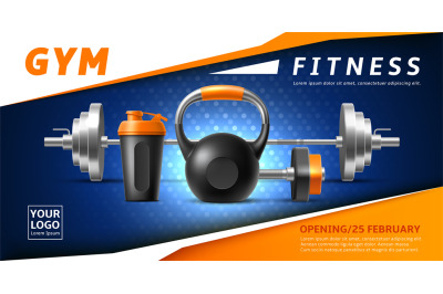 Gym realistic poster. Sport accessories kettlebell and barbell, shaker