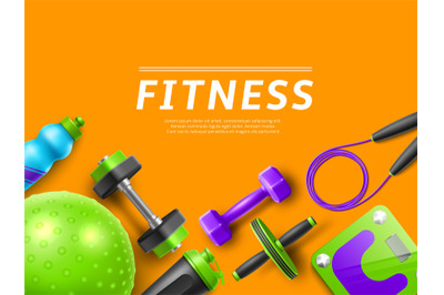 Realistic gym fitness accessories. Frame background with place for tex