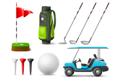 Realistic golf elements. Recreational sport game accessories, professi