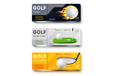 Realistic golf cards. Sport game tickets, invitation coupons, tourname