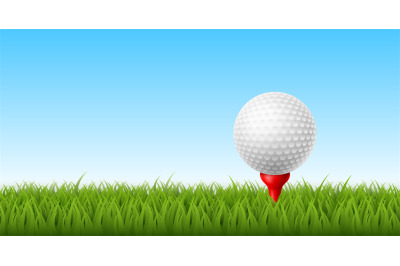 Golf ball grass. Realistic isolated ball on tee stand, panoramic green