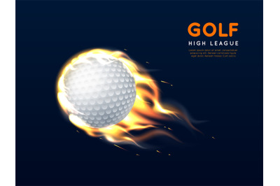 Golf ball in fire. Realistic flying white ball with flame, burning spo