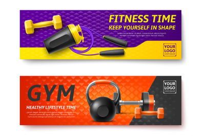 Realistic gym fitness banners. Sport equipment and accessories, bodybu