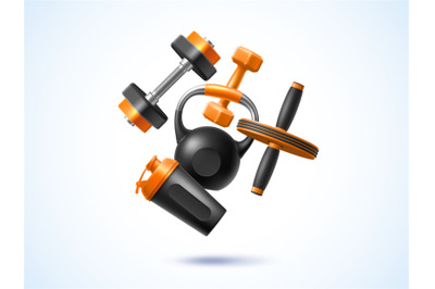 Realistic fitness composition. 3d sport objects, flying elements, work