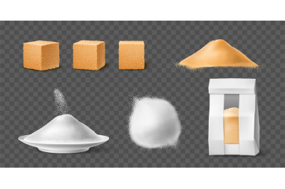 Realistic sugar. Sucrose powder and lumps, brown cane cubes and white