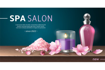 Spa salts poster. Relaxing body procedures&2C; realistic cosmetics bath p