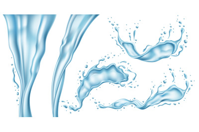 Water splashes. Realistic blue liquid splashes, flying drops and jets,