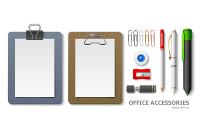 Realistic office clipboards. Paper white sheets holders, different pag