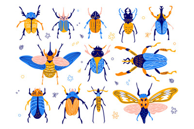 Trendy insects. Funny colorful bugs, abstract geometry patterns bright