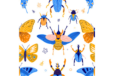 Cute insects pattern. Funny bugs and colorful butterfly isolated on wh