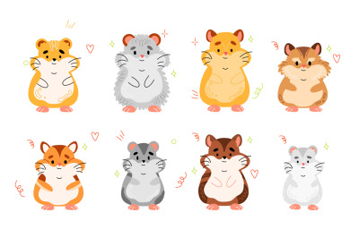 Hamster breeds. Cute little pets, different types, home rodents, funny