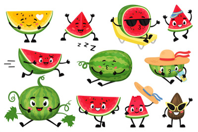 Cartoon watermelon characters. Funny juicy fruit with cute faces, hand