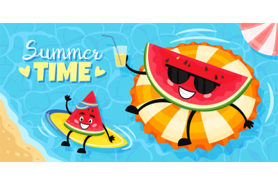 Cartoon watermelon character summer. Happy juicy fruit on beach, funny