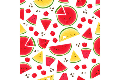 Watermelon seamless pattern. Summer juicy fruit, red and yellow slices