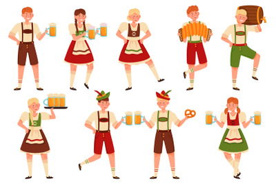 Oktoberfest people. Bavarian cartoon characters in traditional costume