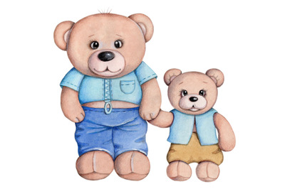 Two cute fun Teddy Bears. Watercolor illustration.
