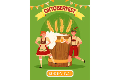 Oktoberfest characters poster. Funny people with mugs, happy man and w