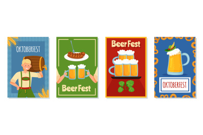 Oktoberfest cards. Mugs with beer, people in traditional costumes, wai