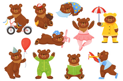 Cartoon bear with objects. Woodland animal in funny costumes, cute bro