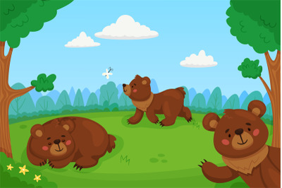 Cartoon brown bears in forest. Funny mammals in woodland clearing, wil
