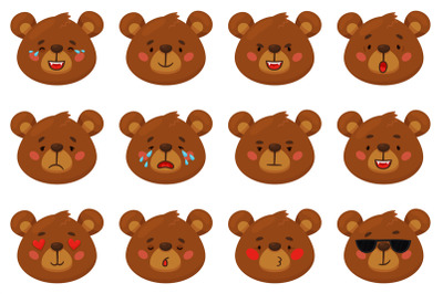 Cartoon bear emoji. Funny animal emotions, brown grizzly faces, differ