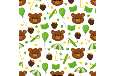 Cartoon bear seamless pattern. Funny animals heads, brown grizzly char