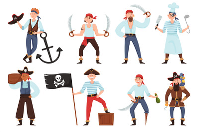 Cartoon pirates. Funny ship crew, cute men in retro costumes, sea band