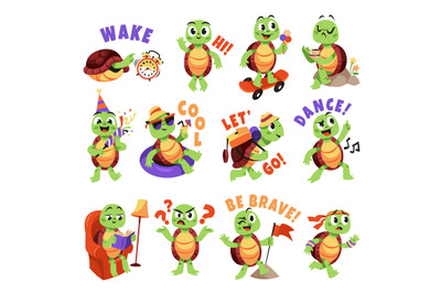 Cartoon turtle. Cute funny animals characters, smiling little turtle i