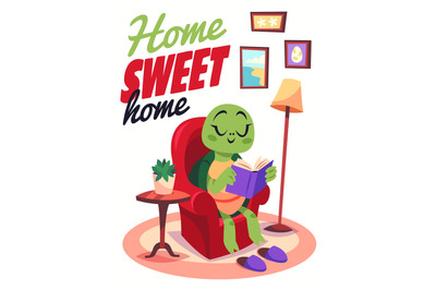 Cartoon turtle poster. Cozy home interior, funny character reads book