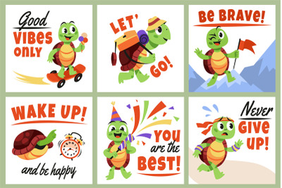 Cartoon turtle cards. Cute little animal mascots, different actions an