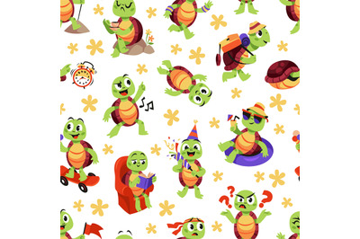 Cartoon turtle seamless pattern. Cute animal mascots, funny character,