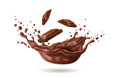 Realistic chocolate splash. Dark cocoa liquid with bars pieces, desser