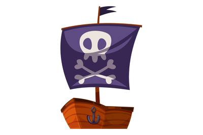 Pirate ship. Black sail boat in funny cartoon style