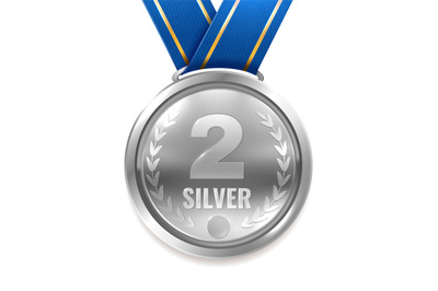 Silver medal on blue ribbon. Competition award badge