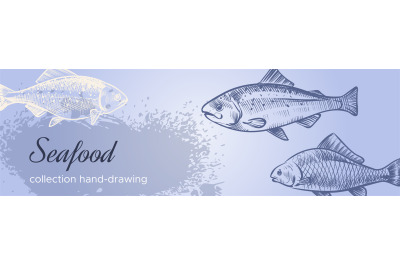 Seafood flyer. Fish sketches. Underwater life engraving