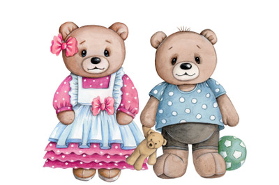 Teddy Bears boy and girl. Hand drawn illustrations.