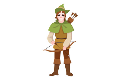 Medieval archer with bow and arrows. Fairytale hunter character