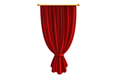 Red luxury curtain. Realistic fabric. Window tied drapery