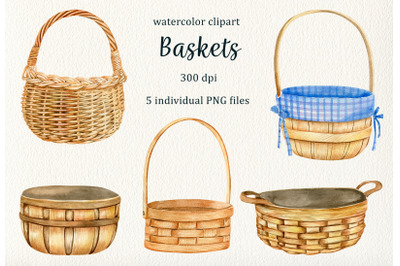 Watercolor Wicker Basket Clipart, Forest Harvest Vessel, Picnic basket