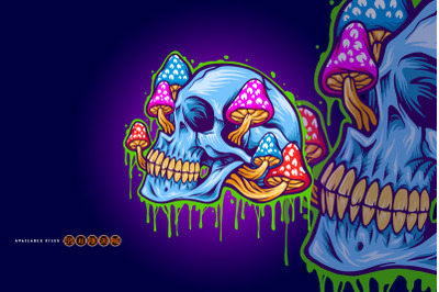 Ice skull head psychedelic mushrooms illustrations